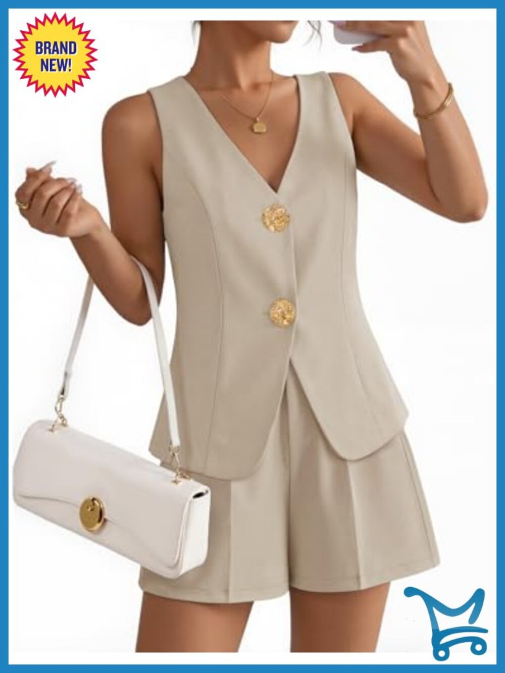 Women's 2 Piece Short Set Vest & Shorts Sleeveless Button Up Dressy Business